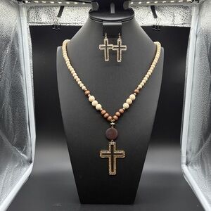Elegant Beaded Cross Necklace and Earring Set